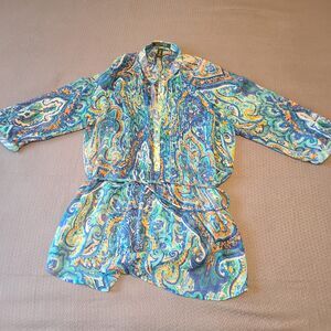 Lauren Ralph Lauren Women’s Sz Lg Blue Paisley Sheer Button 3/4 Sleeve Blouse